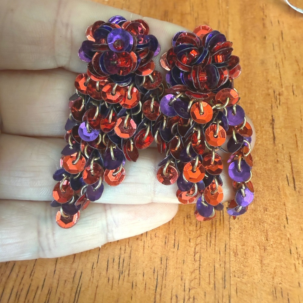 Vintage Sequin Statement Clip On Earrings Red Purple Dangle Lot of 2 Pairs